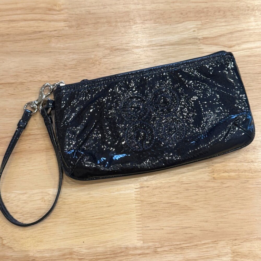 Coach Zip Wristlet Dark Blue Patent Op Art Leather Clutch y2k